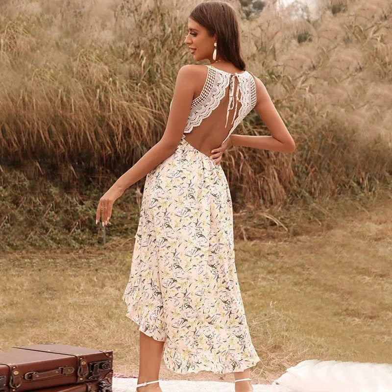 Wholesale 2022 Summer Long Dress Women Floral Print Sexy Deep V-neck Sleeveless Spaghetti Strap Backless Long Sundress