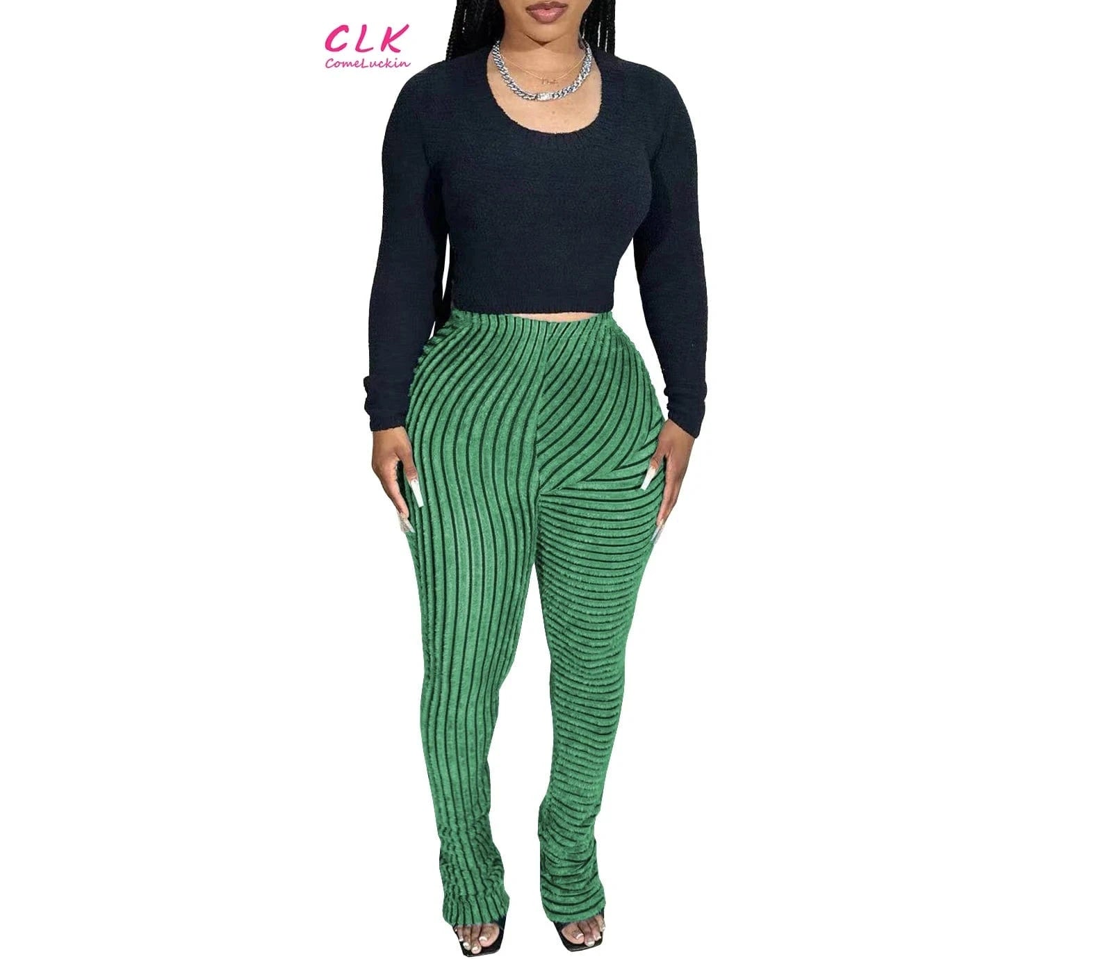 Wholesale 2024 Autumn New Arrival Women Stripe Long Pants Breathable High Waist Women Elastic Casual Pile Up Pants