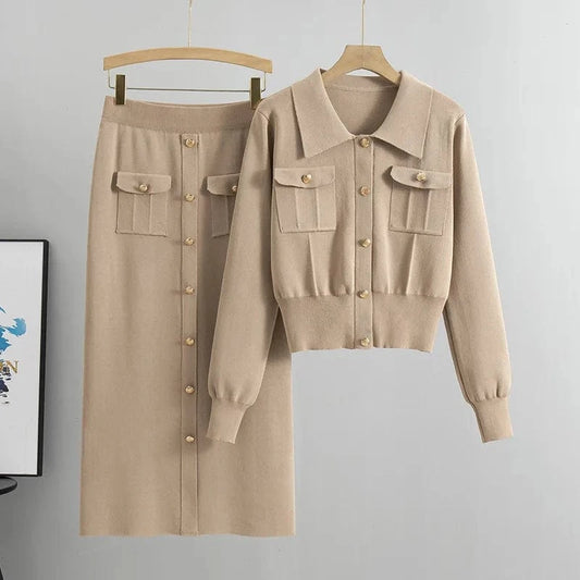 Wholesale 2024 Autumn New French High Fashion Flip Collar long sleeve Sweater Skirt ribbed Knitted Women's 2 piece Set clothing