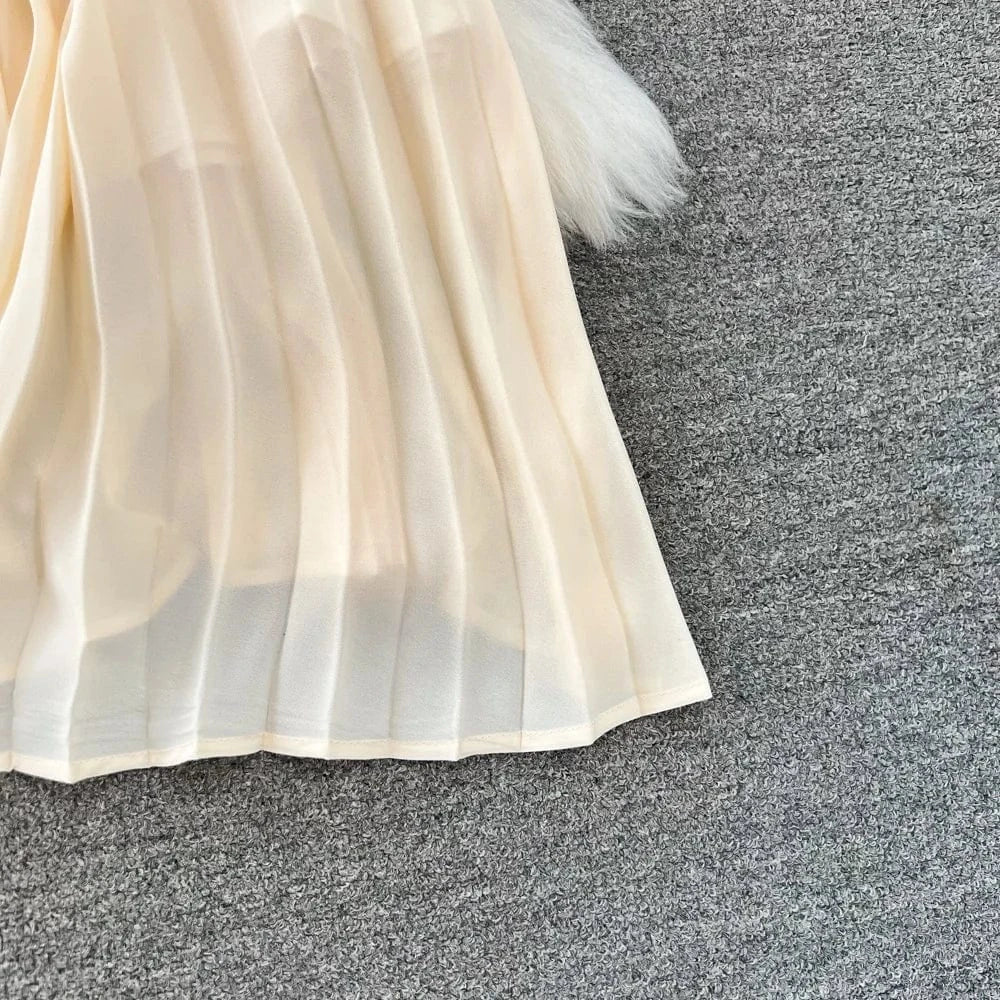 Wholesale 2024 Autumn Temperament Two Piece Long Sleeve Square Neck Lace Spliced Waist A Line Large Fold Women's Dress
