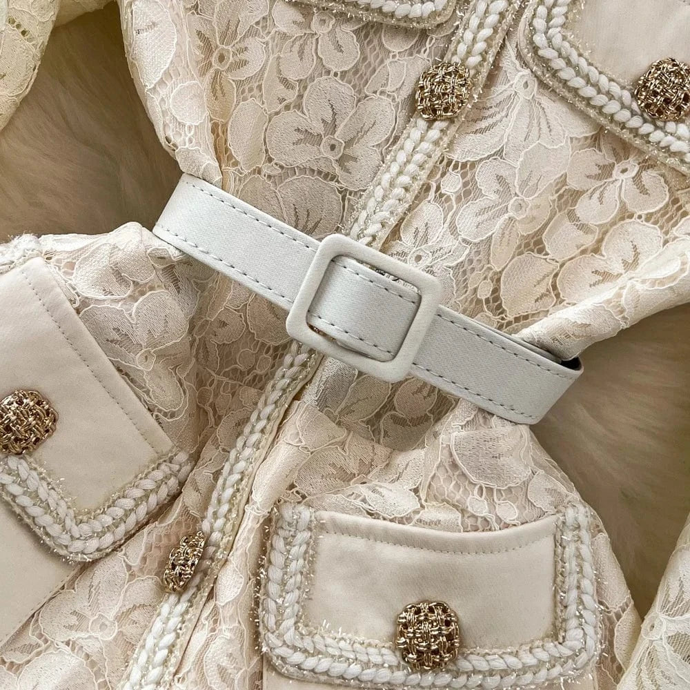Wholesale 2024 Autumn Temperament Two Piece Long Sleeve Square Neck Lace Spliced Waist A Line Large Fold Women's Dress