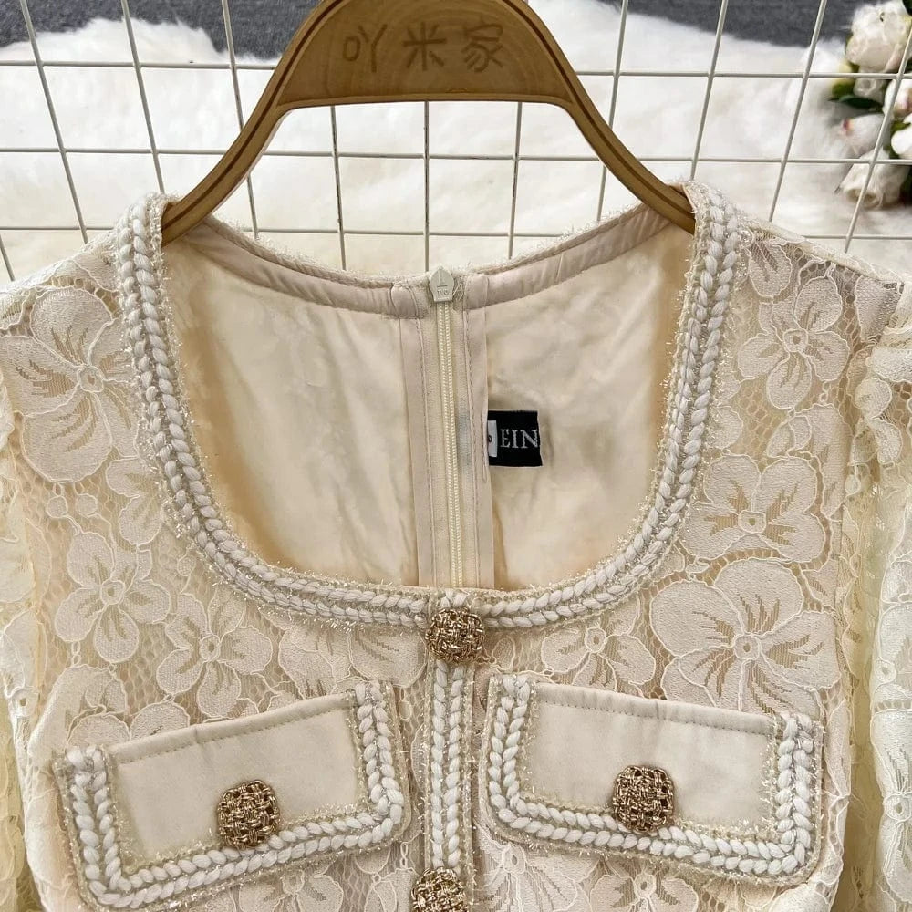 Wholesale 2024 Autumn Temperament Two Piece Long Sleeve Square Neck Lace Spliced Waist A Line Large Fold Women's Dress