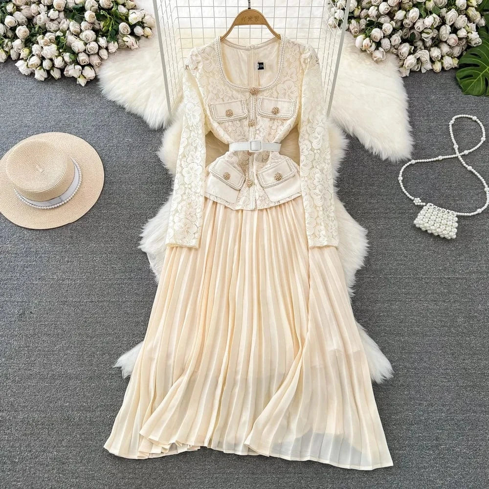 Wholesale 2024 Autumn Temperament Two Piece Long Sleeve Square Neck Lace Spliced Waist A Line Large Fold Women's Dress