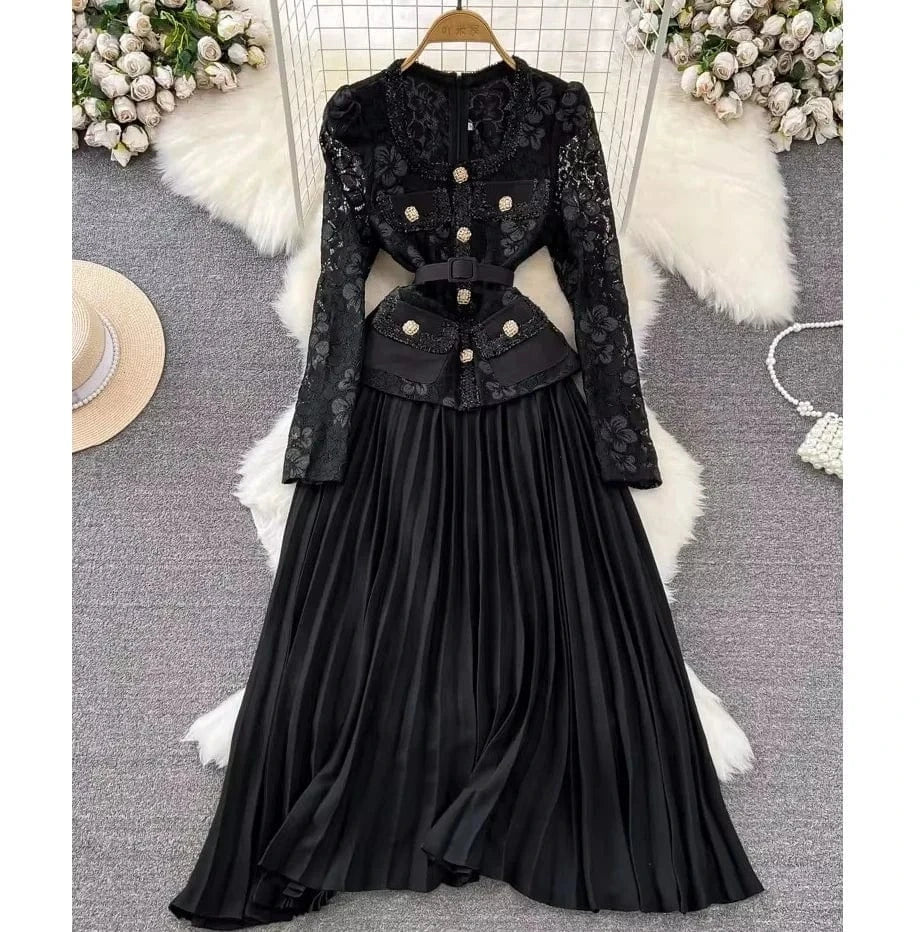 Wholesale 2024 Autumn Temperament Two Piece Long Sleeve Square Neck Lace Spliced Waist A Line Large Fold Women's Dress