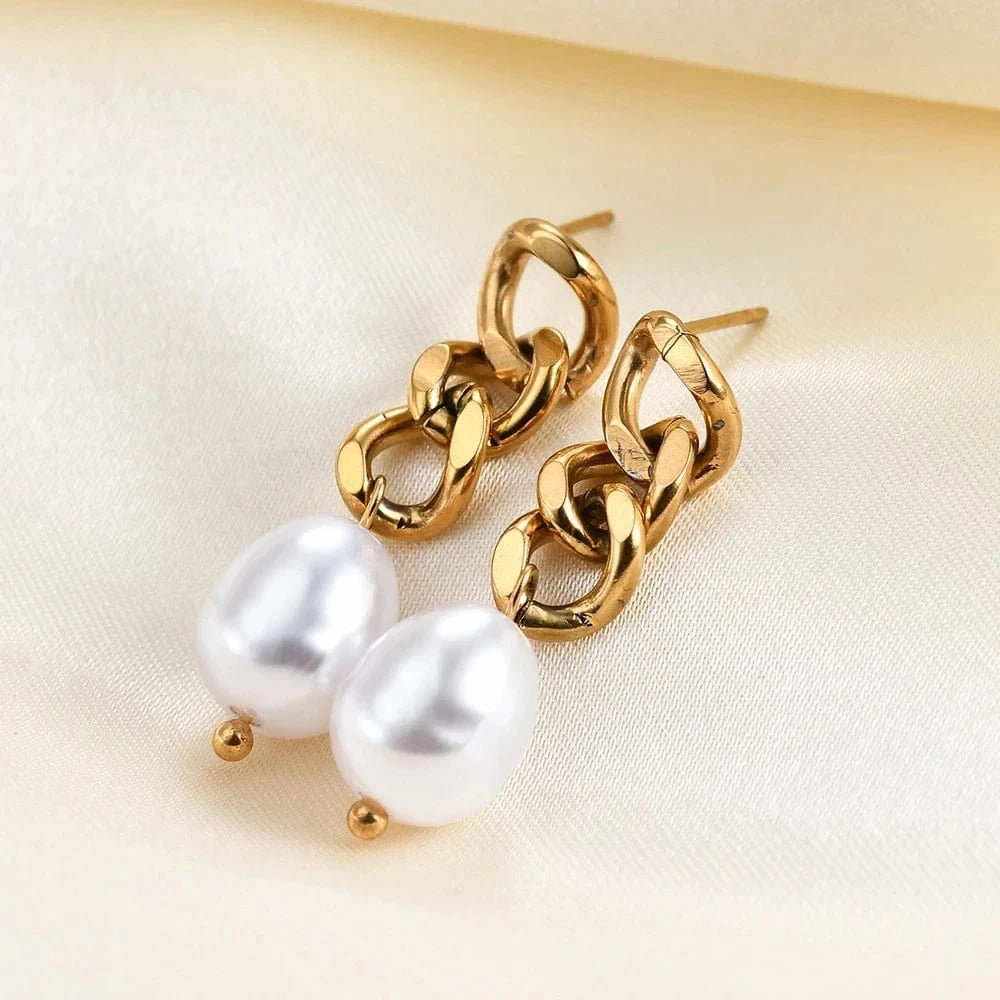 Wholesale 2024 Cuban Chain Pearl Earrings 18K Gold Plated Women Stainless Steel Drop Earrings