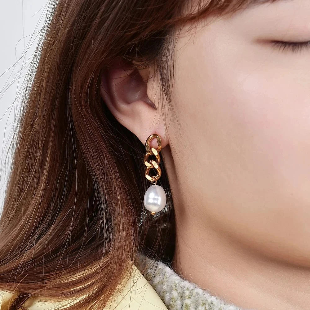 Wholesale 2024 Cuban Chain Pearl Earrings 18K Gold Plated Women Stainless Steel Drop Earrings