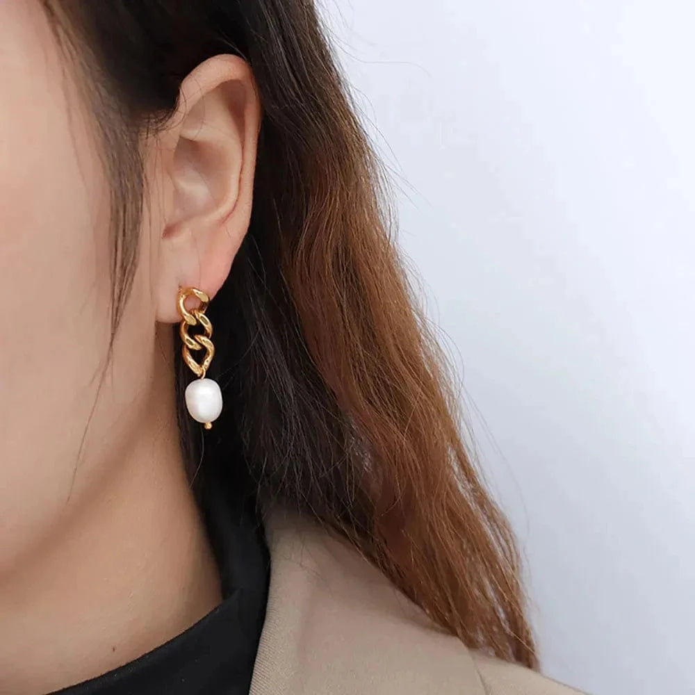Wholesale 2024 Cuban Chain Pearl Earrings 18K Gold Plated Women Stainless Steel Drop Earrings