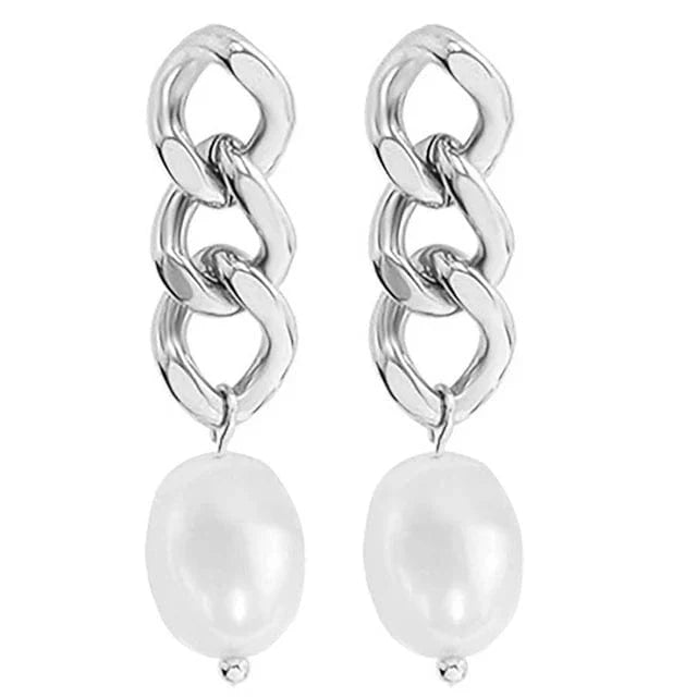 Wholesale 2024 Cuban Chain Pearl Earrings 18K Gold Plated Women Stainless Steel Drop Earrings