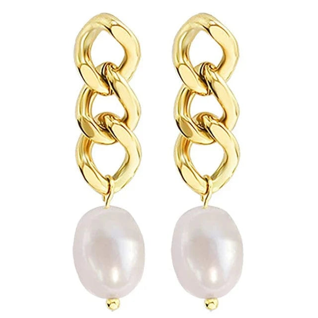 Wholesale 2024 Cuban Chain Pearl Earrings 18K Gold Plated Women Stainless Steel Drop Earrings