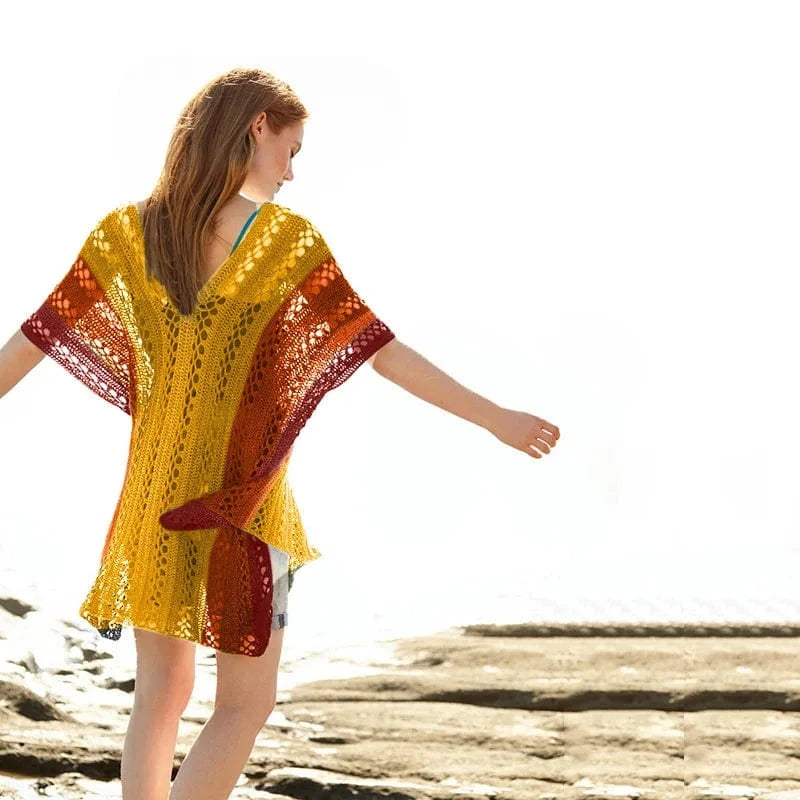 Wholesale 2024 Knitting Swimsuit Crochet Bikini Bohemia Style Beach Cover Ups Rainbow Strip Vestido Hole Knitted Bath Exits Wear