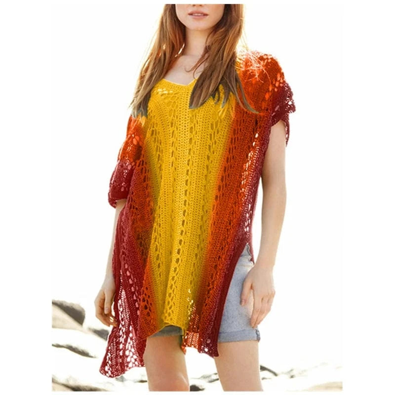 Wholesale 2024 Knitting Swimsuit Crochet Bikini Bohemia Style Beach Cover Ups Rainbow Strip Vestido Hole Knitted Bath Exits Wear