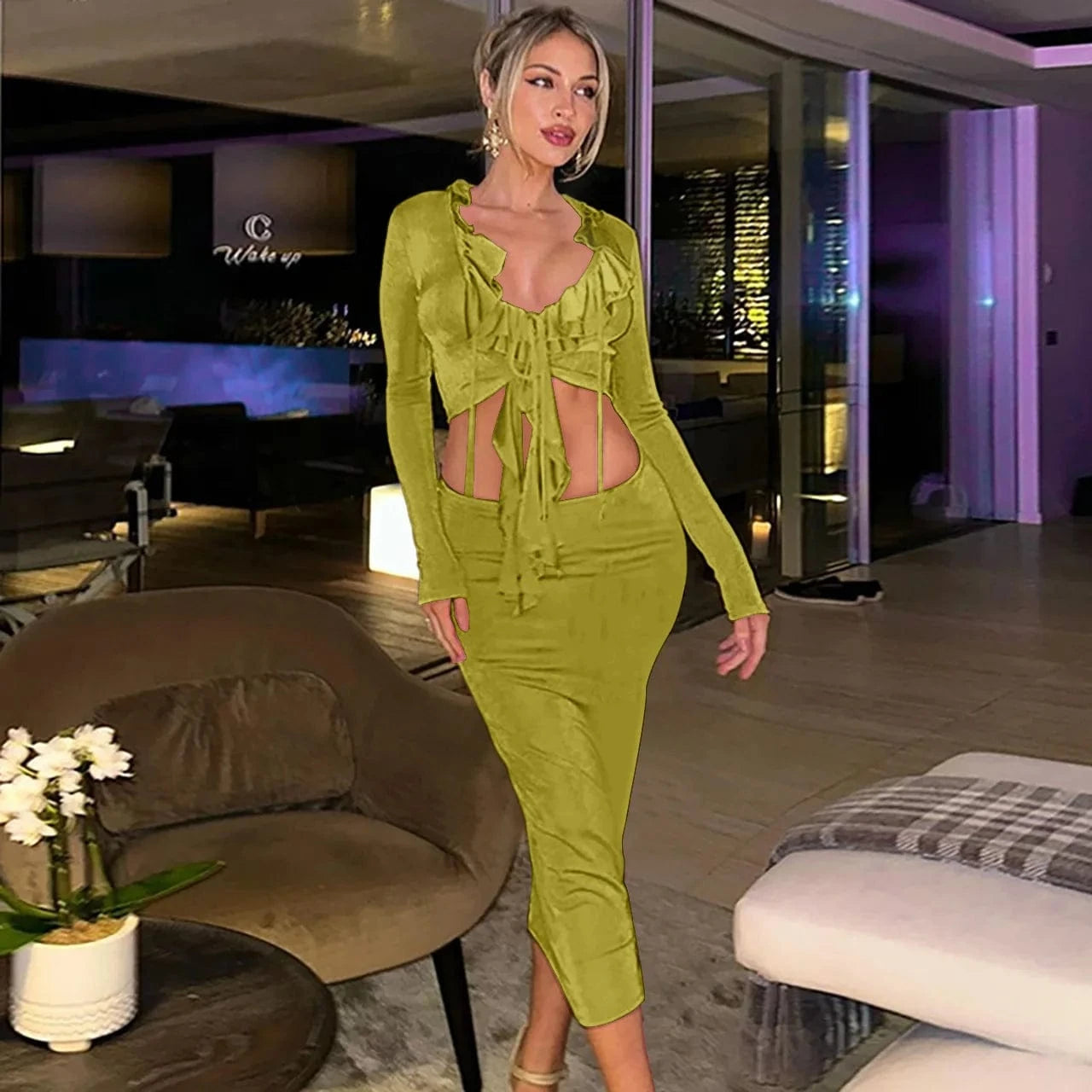 Wholesale 2024 New Spring Women's Halter Dresses Sets Ruffle Sexy Two Piece Halter Dresses Sets Elegant Women's Clothing