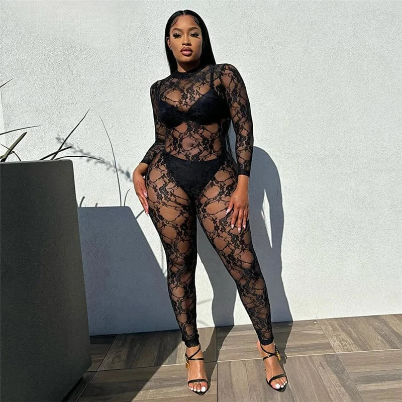 Wholesale 2024 spring boutique fashion see through lace ladies hot sexy jumpsuits