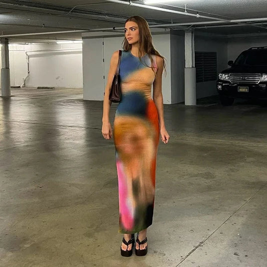 Wholesale 2024 summer fashion sleeveless bodycon dress tie dye casual midi slit dresses women