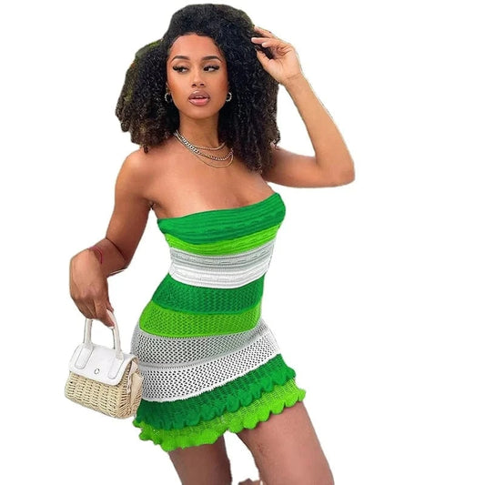 Wholesale 2024 Summer Women's Fashion New Product Sexy And Sweet Bra Off The Back Colored Lace Slim Fit Knitted Dress