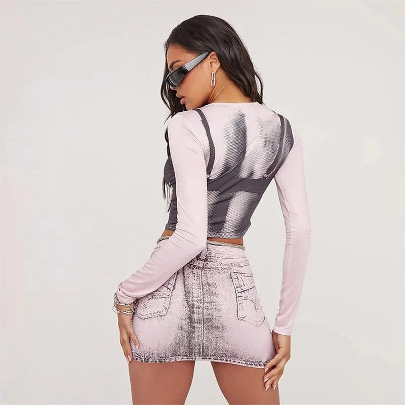 wholesale 3D bra print pink women two 2 piece long sleeve t shirt and mini skirt set sexy spring 2024 clothing outfit for women