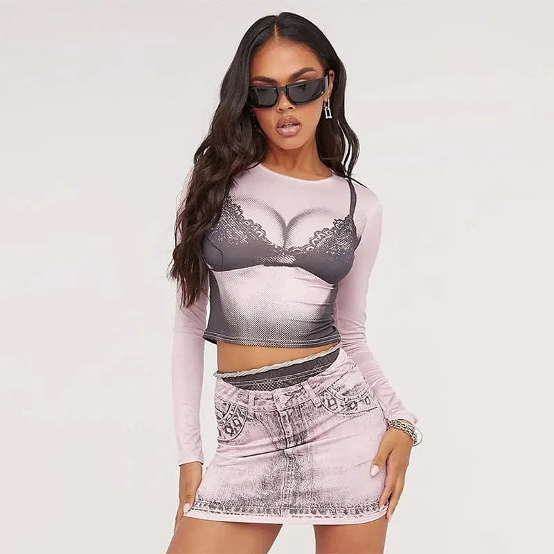 wholesale 3D bra print pink women two 2 piece long sleeve t shirt and mini skirt set sexy spring 2024 clothing outfit for women