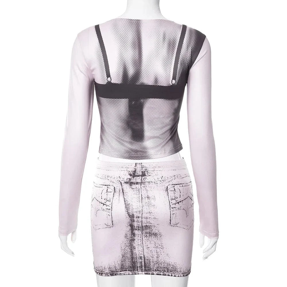 wholesale 3D bra print pink women two 2 piece long sleeve t shirt and mini skirt set sexy spring 2024 clothing outfit for women