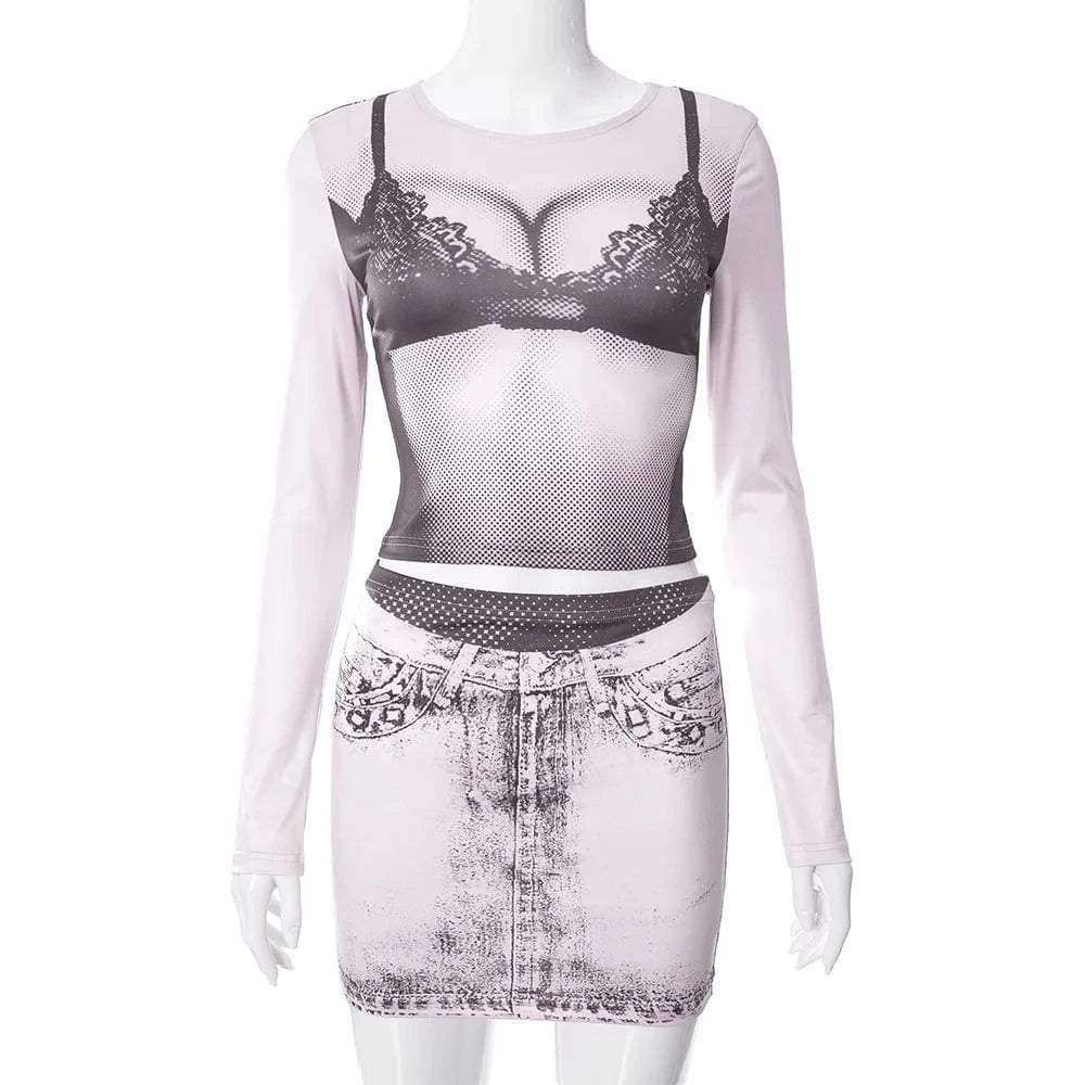 wholesale 3D bra print pink women two 2 piece long sleeve t shirt and mini skirt set sexy spring 2024 clothing outfit for women