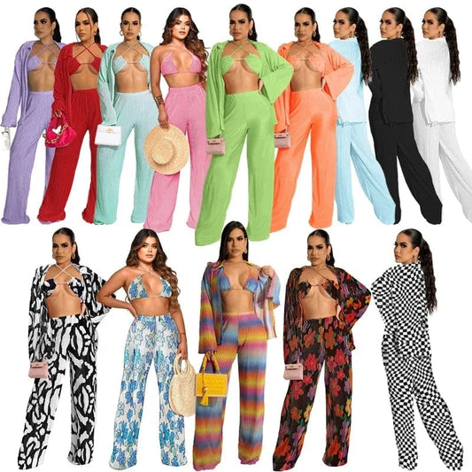 Wholesale american boutique clothing women 2024 sexy bikinis fall cardigan long sleeve wide leg pants three piece women's sets