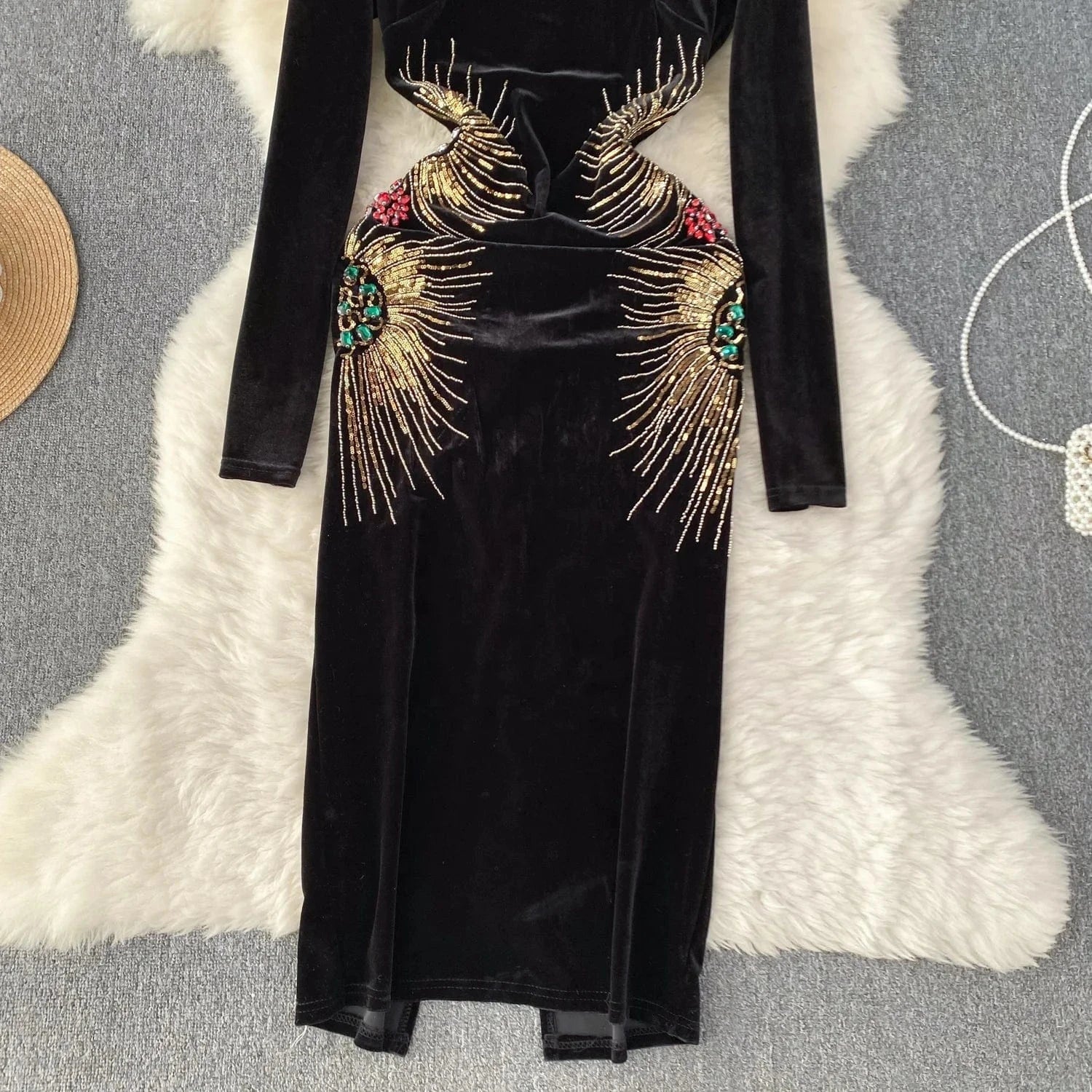 Wholesale Black Women Party Gown Beaded Plus Size Velvet Ladies Luxury Mini Evening Dress