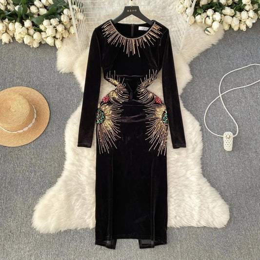 Wholesale Black Women Party Gown Beaded Plus Size Velvet Ladies Luxury Mini Evening Dress