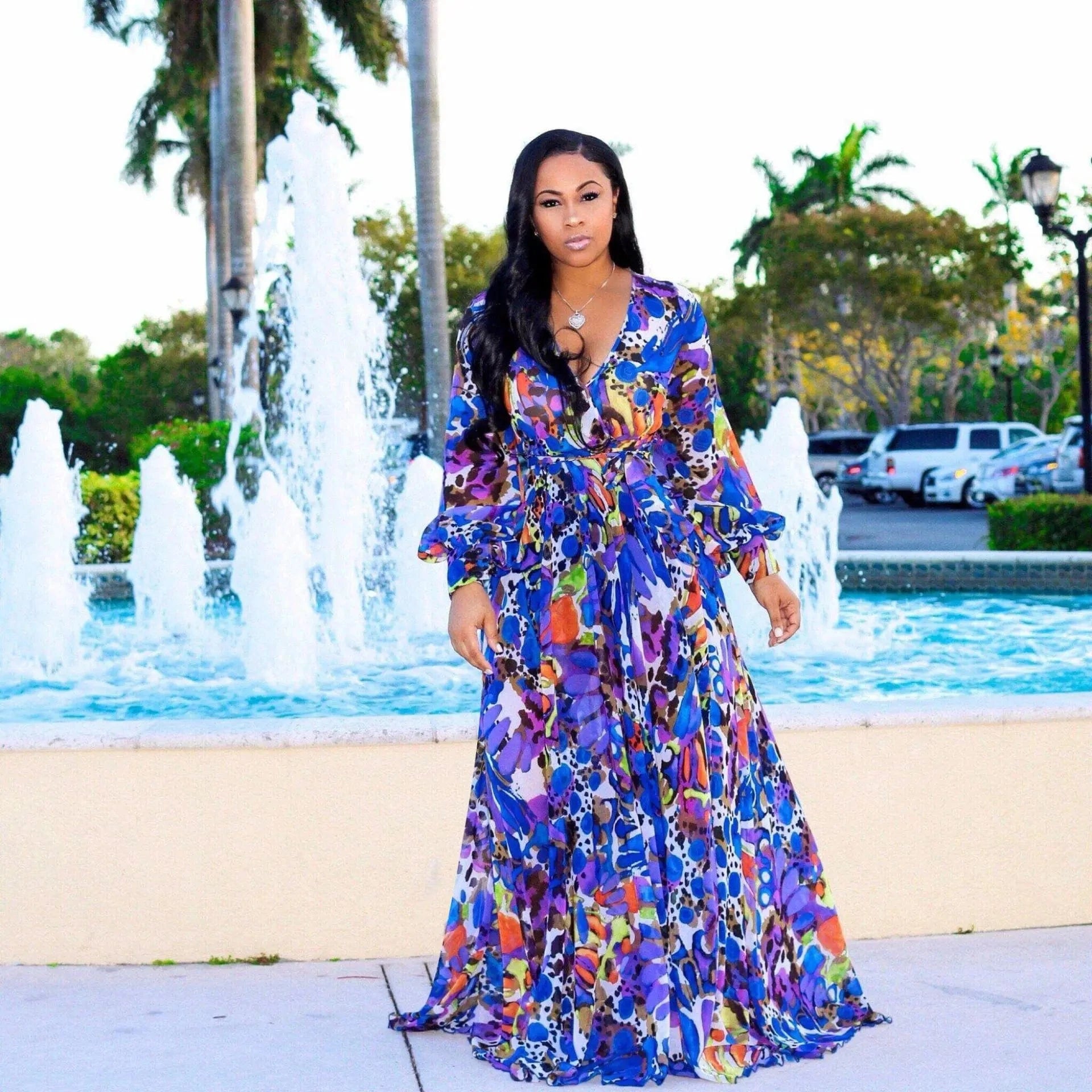 Wholesale Bohemia Woman Casual Dress Plus Size African Style V Neck Floral Print Chiffon Maxi Dresses Clothing Women Summer 2022