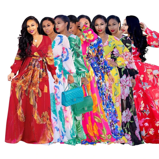 Wholesale Bohemia Woman Casual Dress Plus Size African Style V Neck Floral Print Chiffon Maxi Dresses Clothing Women Summer 2022