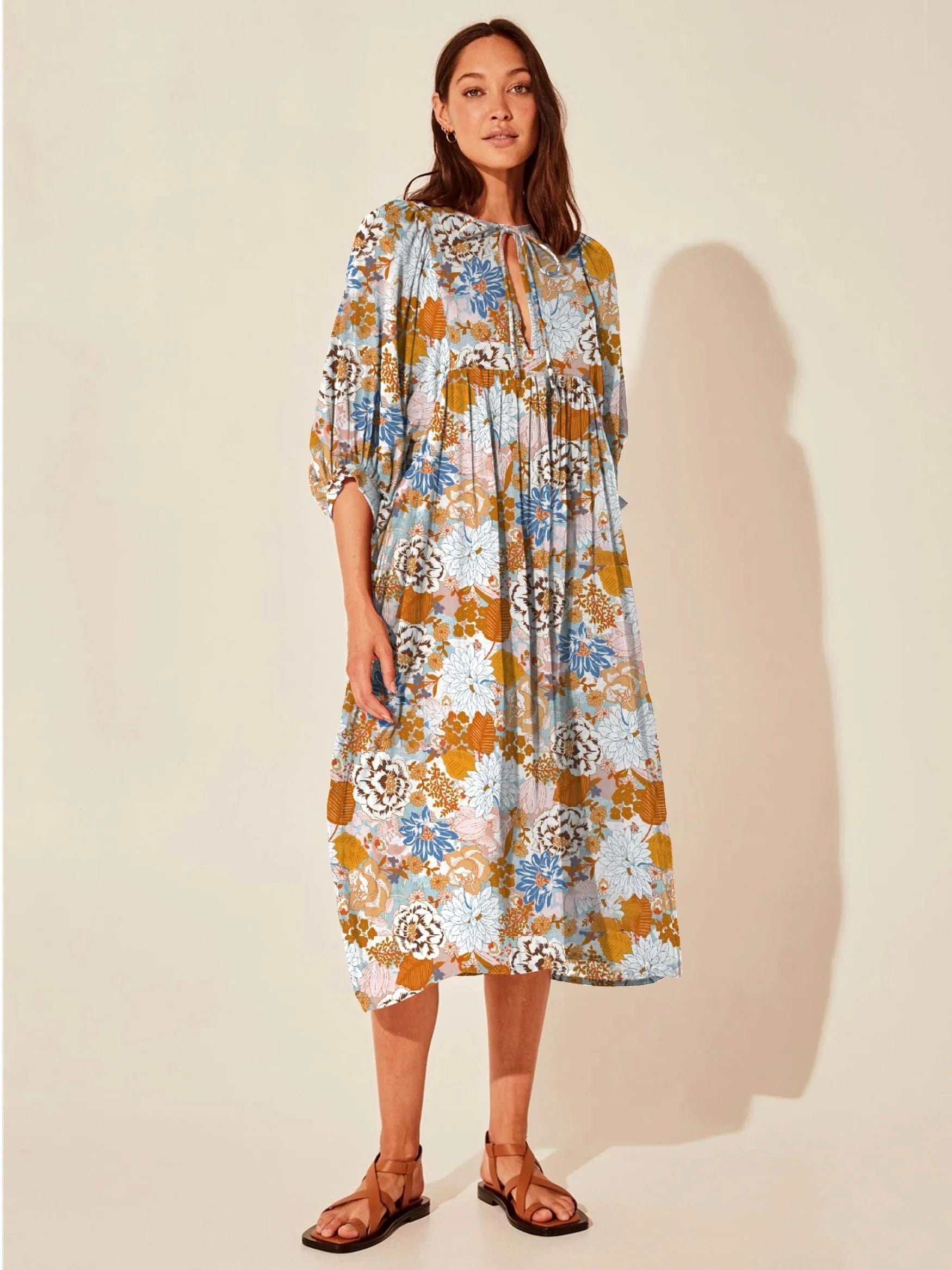 Wholesale Casual Beach Vacation Style Swing Boho Floral Maxi Dresses Short Sleeves Loose Plus Size Bohemian Dress