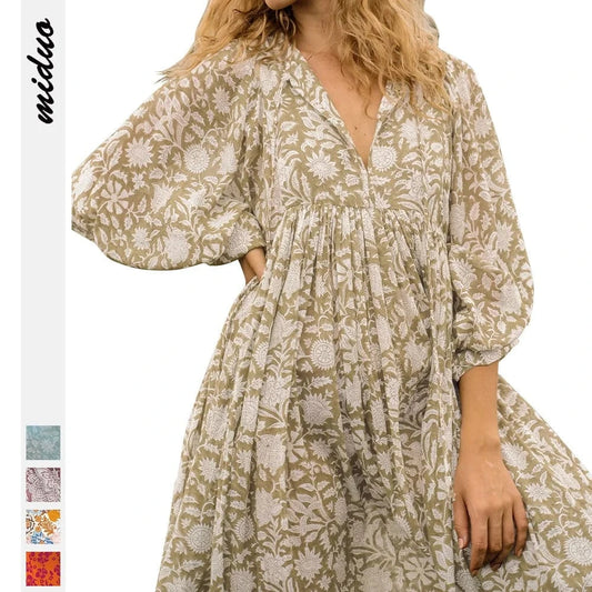 Wholesale Casual Beach Vacation Style Swing Boho Floral Maxi Dresses Short Sleeves Loose Plus Size Bohemian Dress