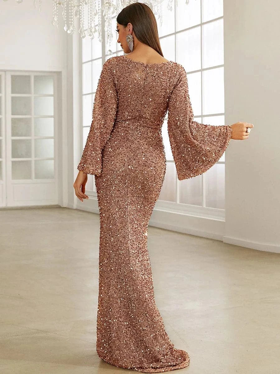 Wholesale Casual Long  dress elegant women floor-length v-neck a line dress with sleeves women floor-length sequin dresses