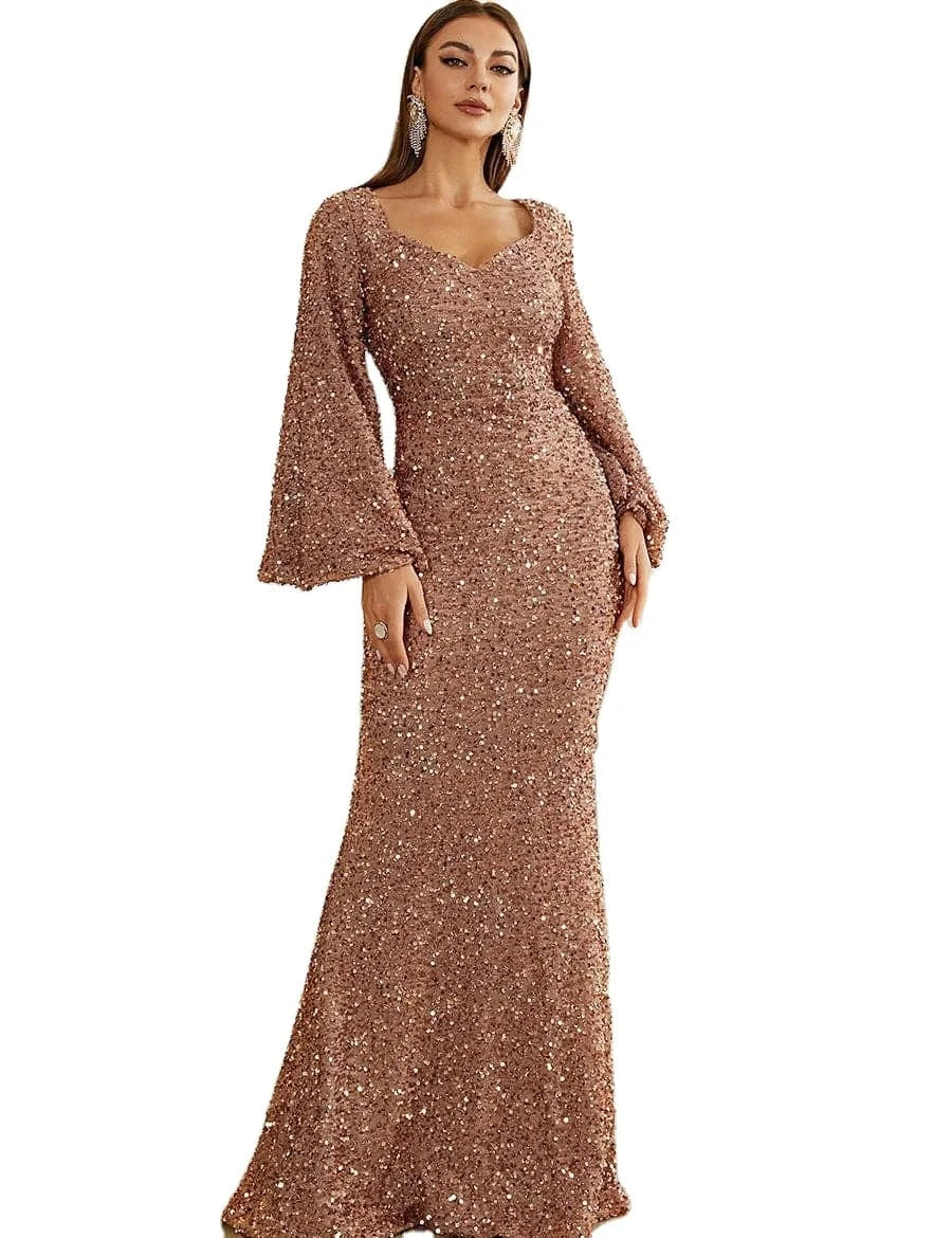 Wholesale Casual Long  dress elegant women floor-length v-neck a line dress with sleeves women floor-length sequin dresses