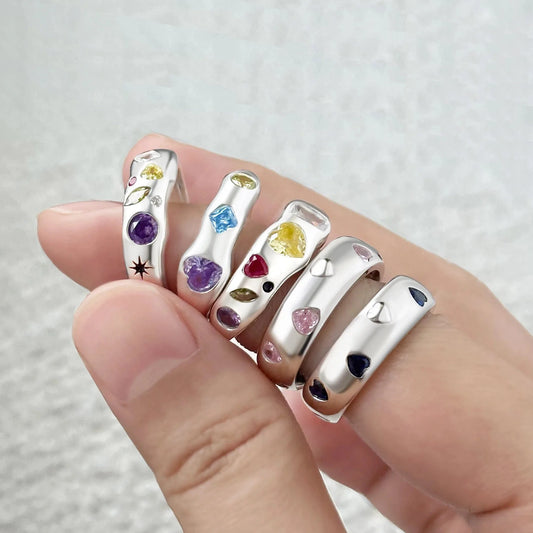 Wholesale Colorful Cz Cubic Zirconia S925 Sterling Silver Ring Vintage For Men Couple 18K Gold Filled Heart Rings Jewelry Women