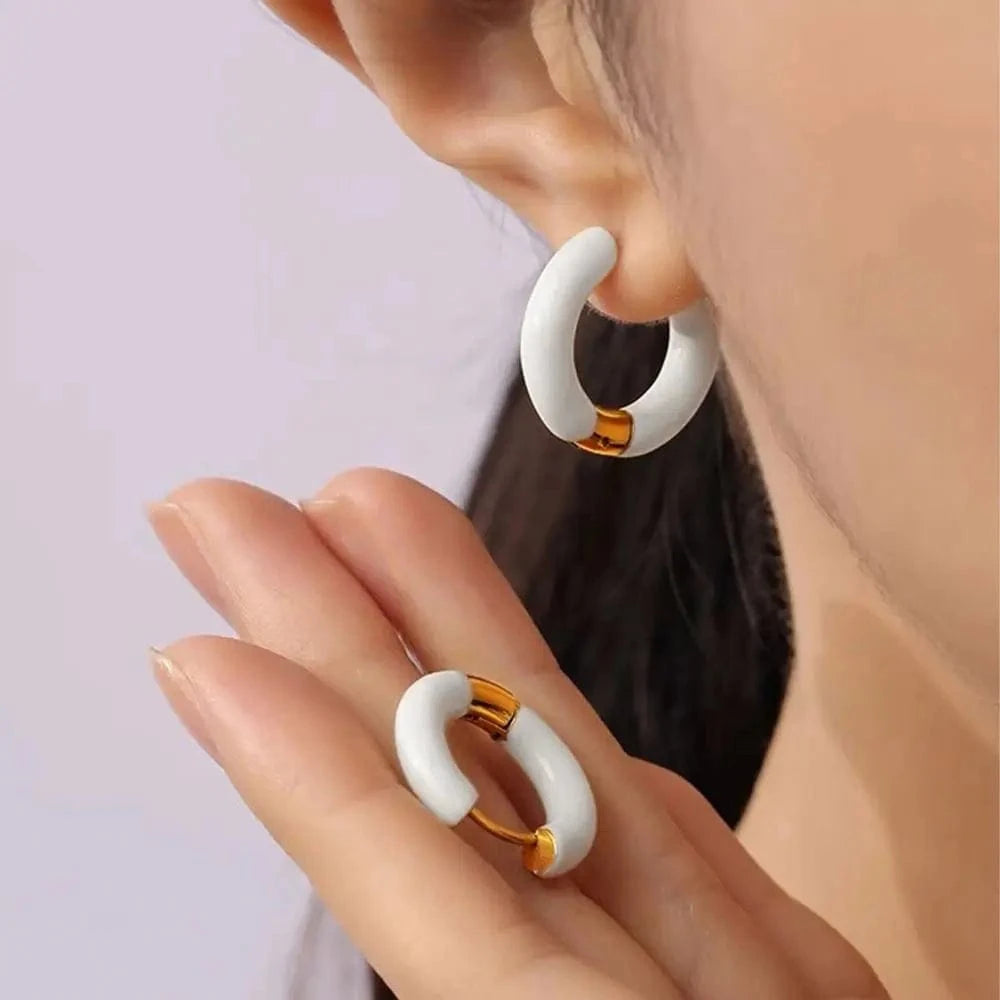 Wholesale Colorful Enamel Huggie Earrings Hypoallergenic Circle Ear Cuff Gold Plated Stainless Steel Enamel Hoop Earrings