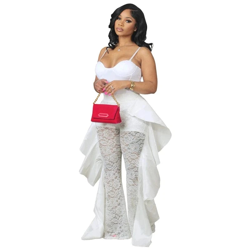 wholesale custom 2024 summer women ladies y2k knitted white high waist stretch ruffle lace wide leg flare long pants with ruffle