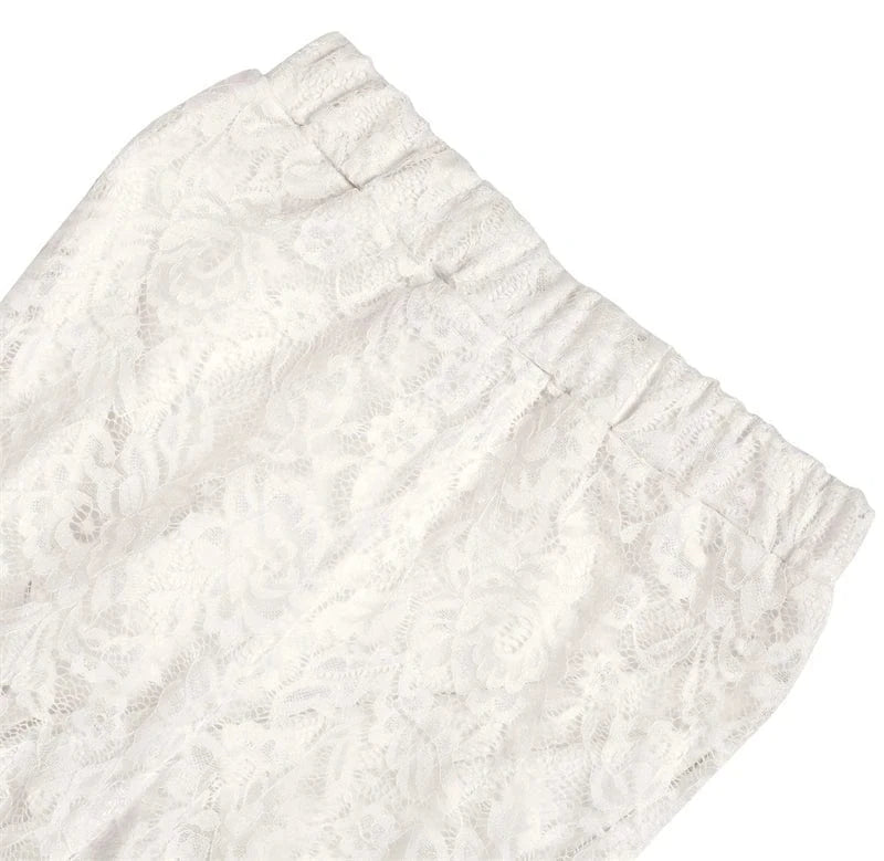 wholesale custom 2024 summer women ladies y2k knitted white high waist stretch ruffle lace wide leg flare long pants with ruffle