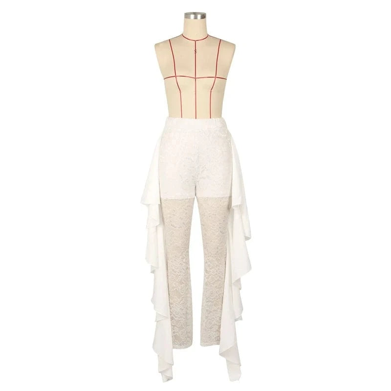 wholesale custom 2024 summer women ladies y2k knitted white high waist stretch ruffle lace wide leg flare long pants with ruffle