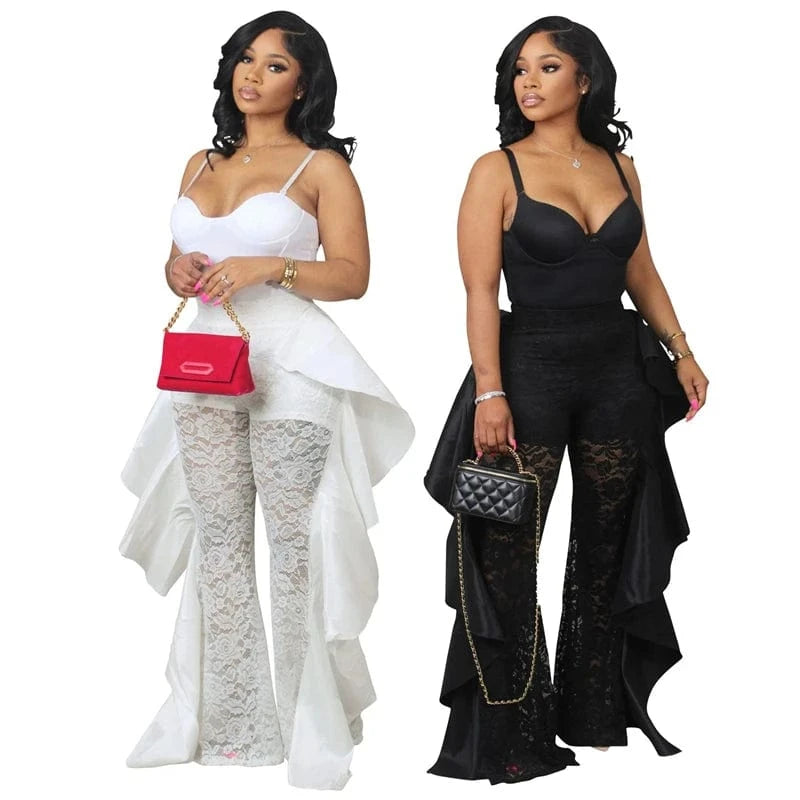 wholesale custom 2024 summer women ladies y2k knitted white high waist stretch ruffle lace wide leg flare long pants with ruffle