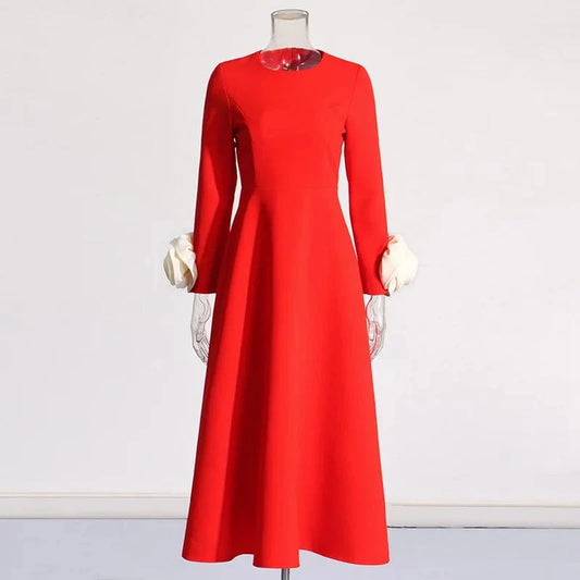 Wholesale Dress 2024 Spring Summer Fashion Style Women Flower Deco Long Sleeve Elegant Red Black Elegant Long Maxi Dress XL Size