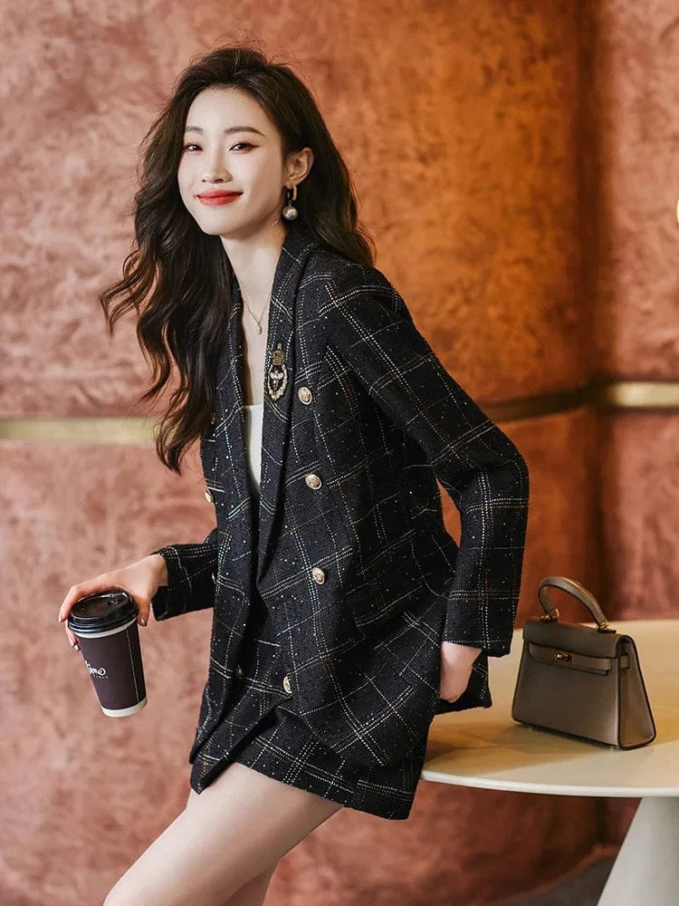 Wholesale Elegant Tweed Blazer Outfit Women Double Breasted Pockets Green Coffee Plaid Short Pants Suit 2 Pieces Fashionable Set