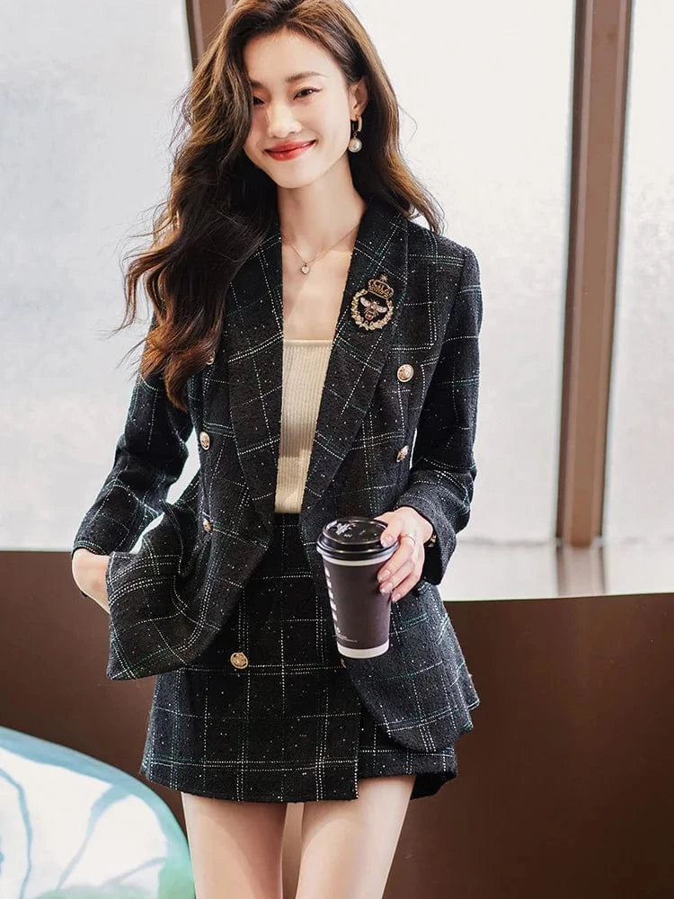 Wholesale Elegant Tweed Blazer Outfit Women Double Breasted Pockets Green Coffee Plaid Short Pants Suit 2 Pieces Fashionable Set
