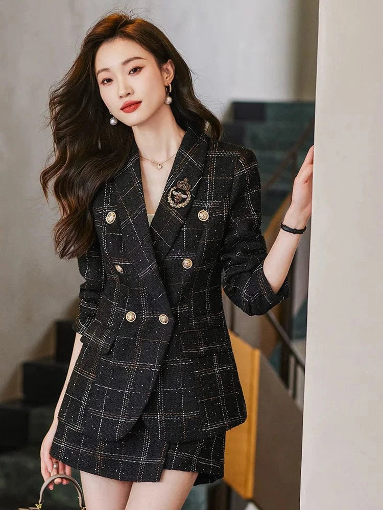 Wholesale Elegant Tweed Blazer Outfit Women Double Breasted Pockets Green Coffee Plaid Short Pants Suit 2 Pieces Fashionable Set