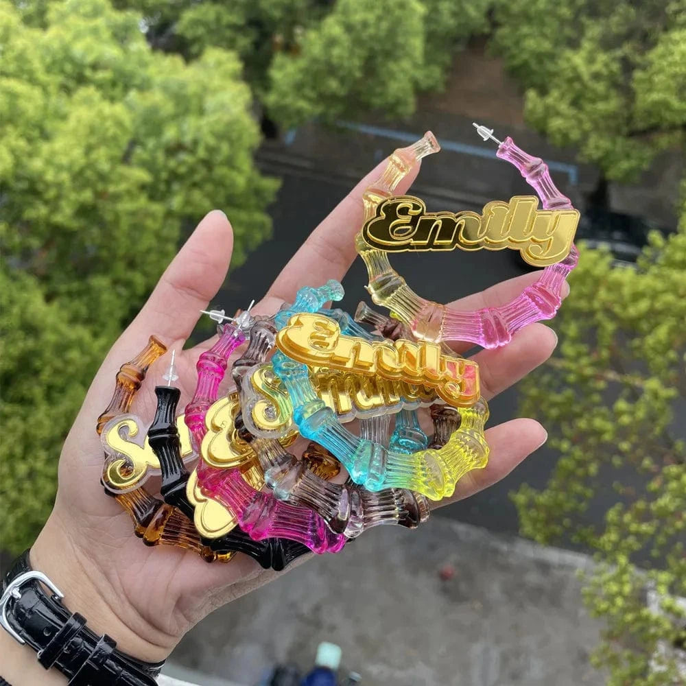 Wholesale Fashion Bamboo Hoop Earring Custom Acrylic Personalized Name Large Stud Earrings multiple color Statement Earrings