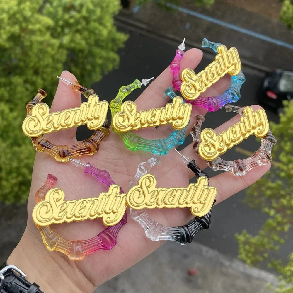 Wholesale Fashion Bamboo Hoop Earring Custom Acrylic Personalized Name Large Stud Earrings multiple color Statement Earrings