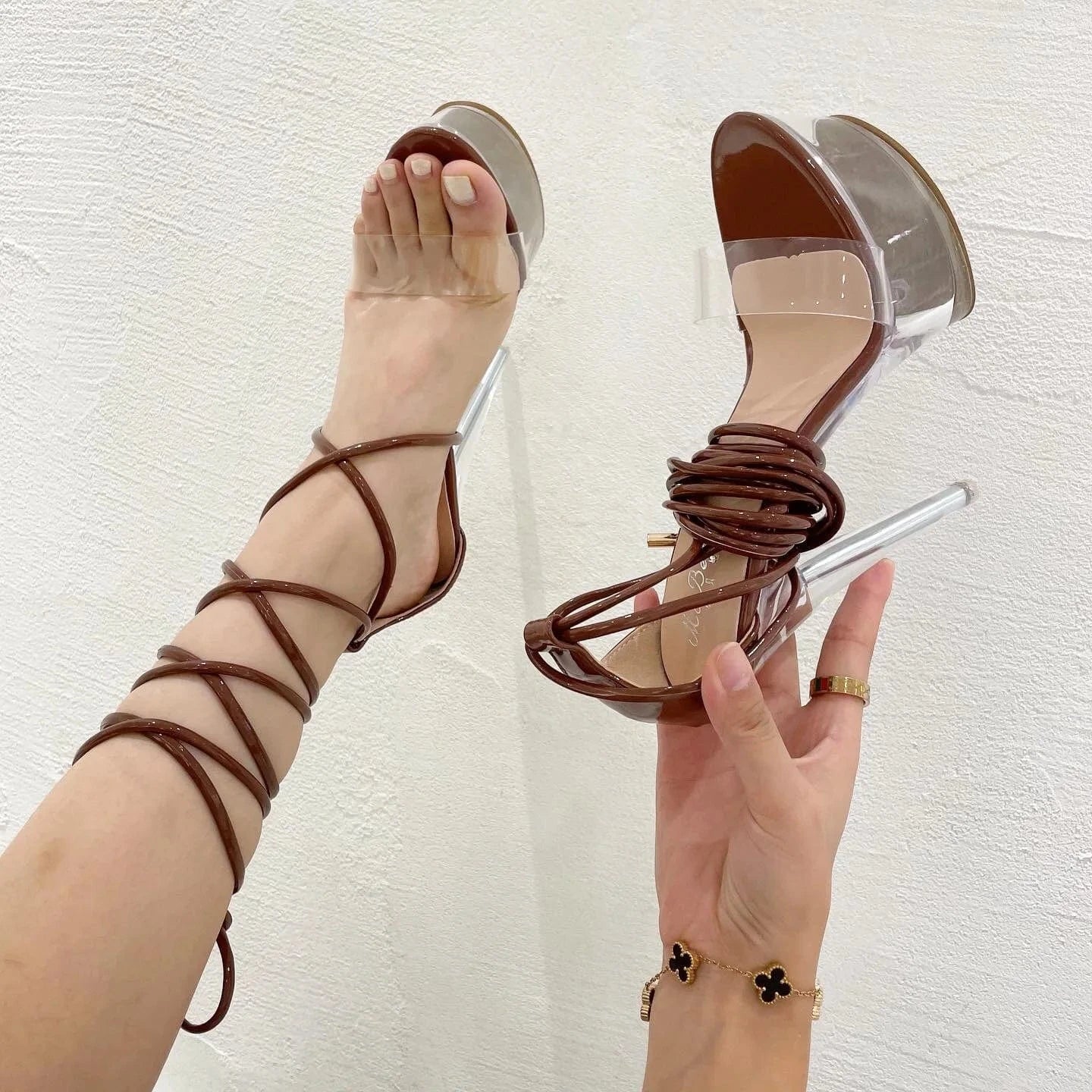 wholesale Fashion heels pvc sandals crystal transparent High Heels lace up heels fancy party shoes women clear platform sandals