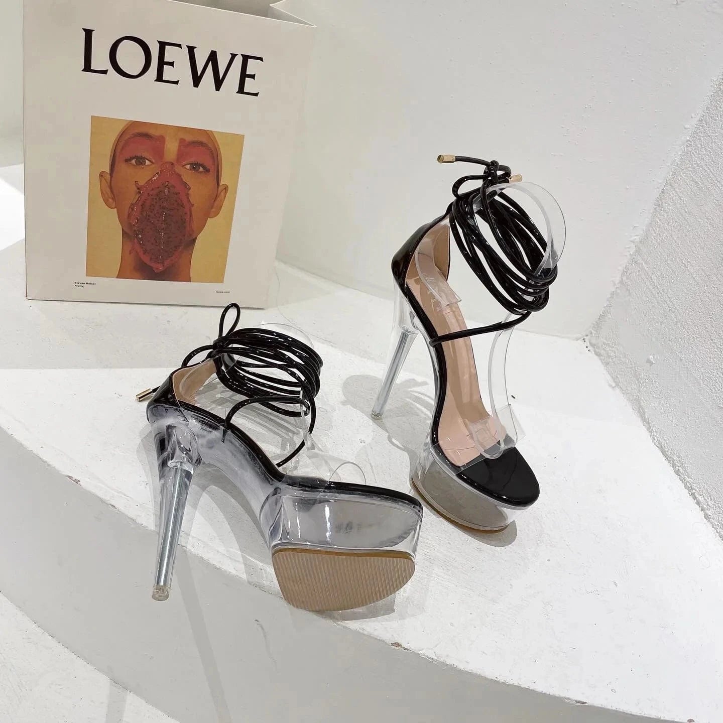 wholesale Fashion heels pvc sandals crystal transparent High Heels lace up heels fancy party shoes women clear platform sandals