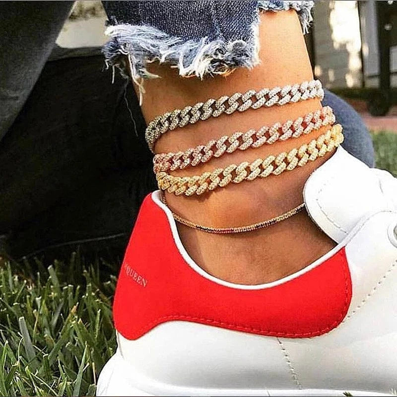 wholesale fashion hip hop anklet foot jewelry with cz paved Cuban chain women lady beach styles foot jewelry gift
