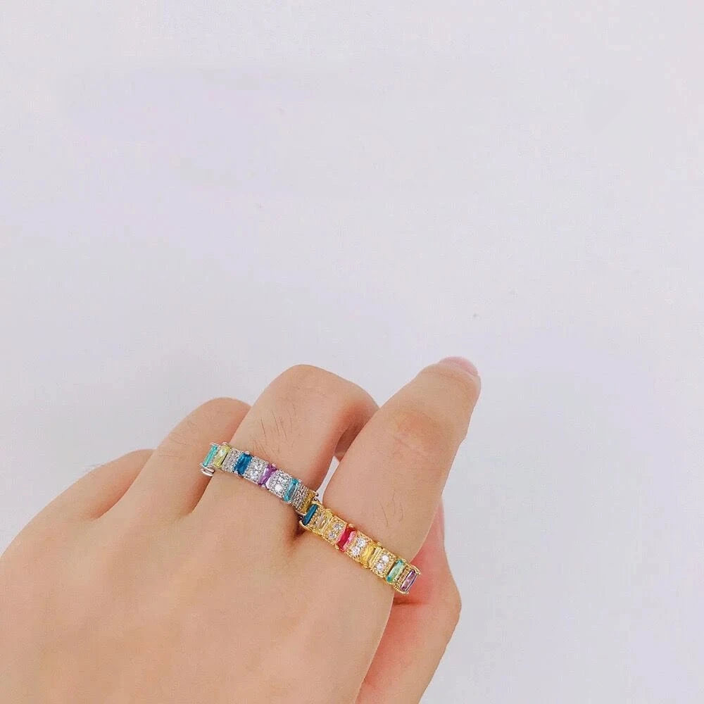 Wholesale Fashion Jewelry 18K Gold Plated Multi-Colored CZ Rainbow Rings for Women