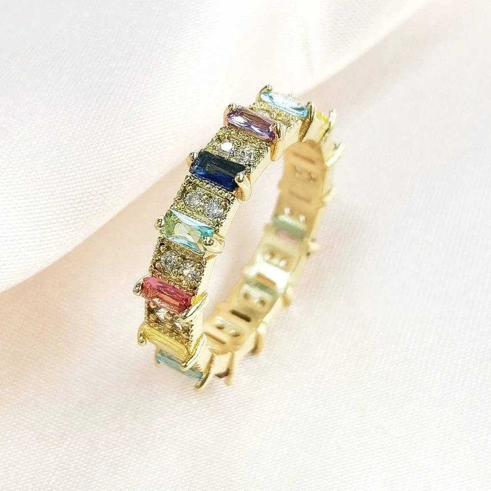 Wholesale Fashion Jewelry 18K Gold Plated Multi-Colored CZ Rainbow Rings for Women