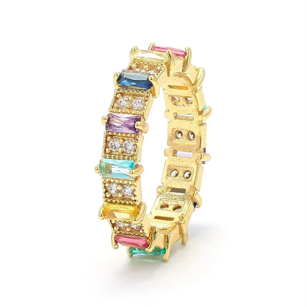 Wholesale Fashion Jewelry 18K Gold Plated Multi-Colored CZ Rainbow Rings for Women